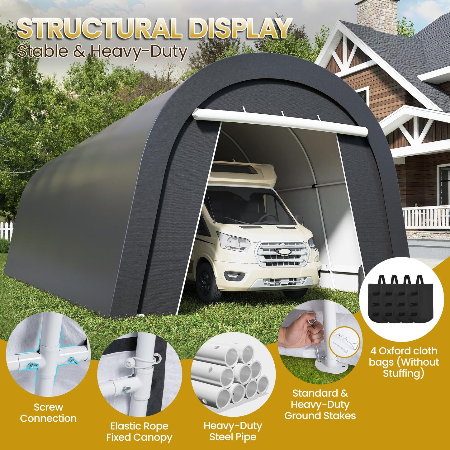 Wisteria Lane Heavy Duty Carport with 4 Cloth Bags, All-Weather Portable Garage with 2 Roll-up Doors, Car Canopy Storage Shelter Shed for Boat, Truck, or Garden Tools, 12' x 25'