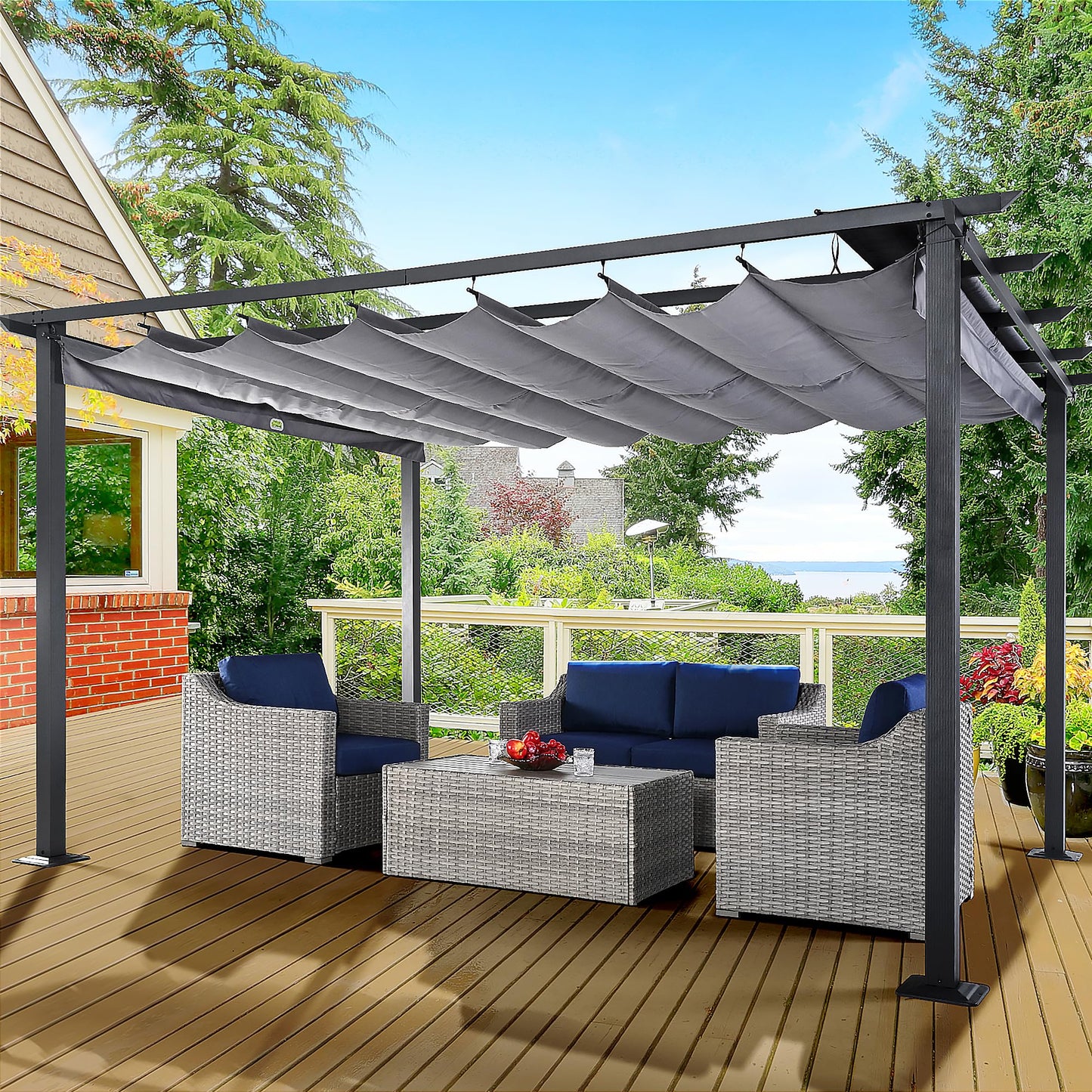 HAPPATIO 10' X 13' Outdoor Retractable Pergola Canopy for Deck, Backyard, Patio, Aluminum Pergola with Sun Canopy, Includes Ground Studs and Expansion Screws (Grey)