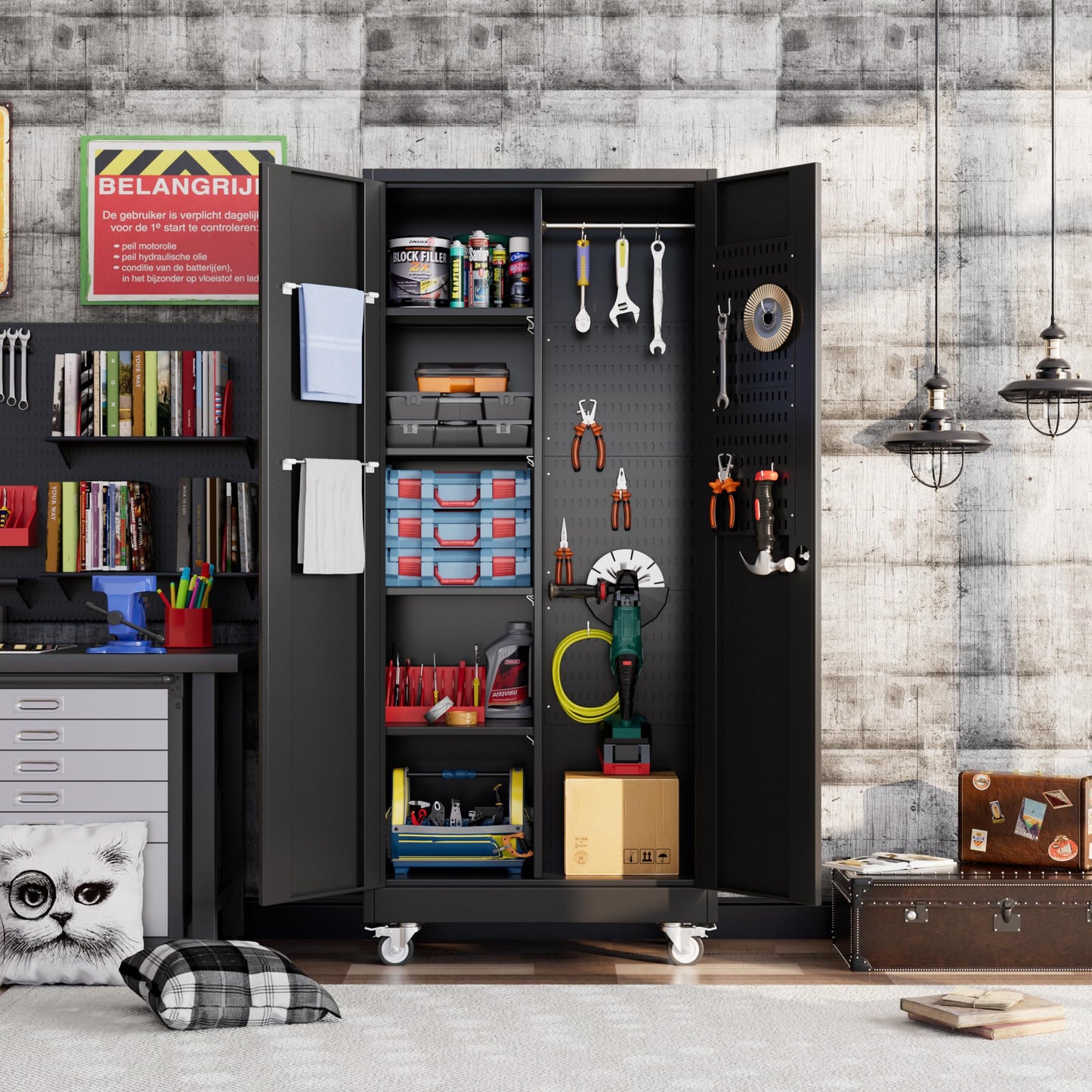 Broom Closet Storage Cabinet with Wheels and Pegboard,Metal Garage Storage Cabinet with Doors and Adjustable Shelves for Garage Home,Required Assembly,Black