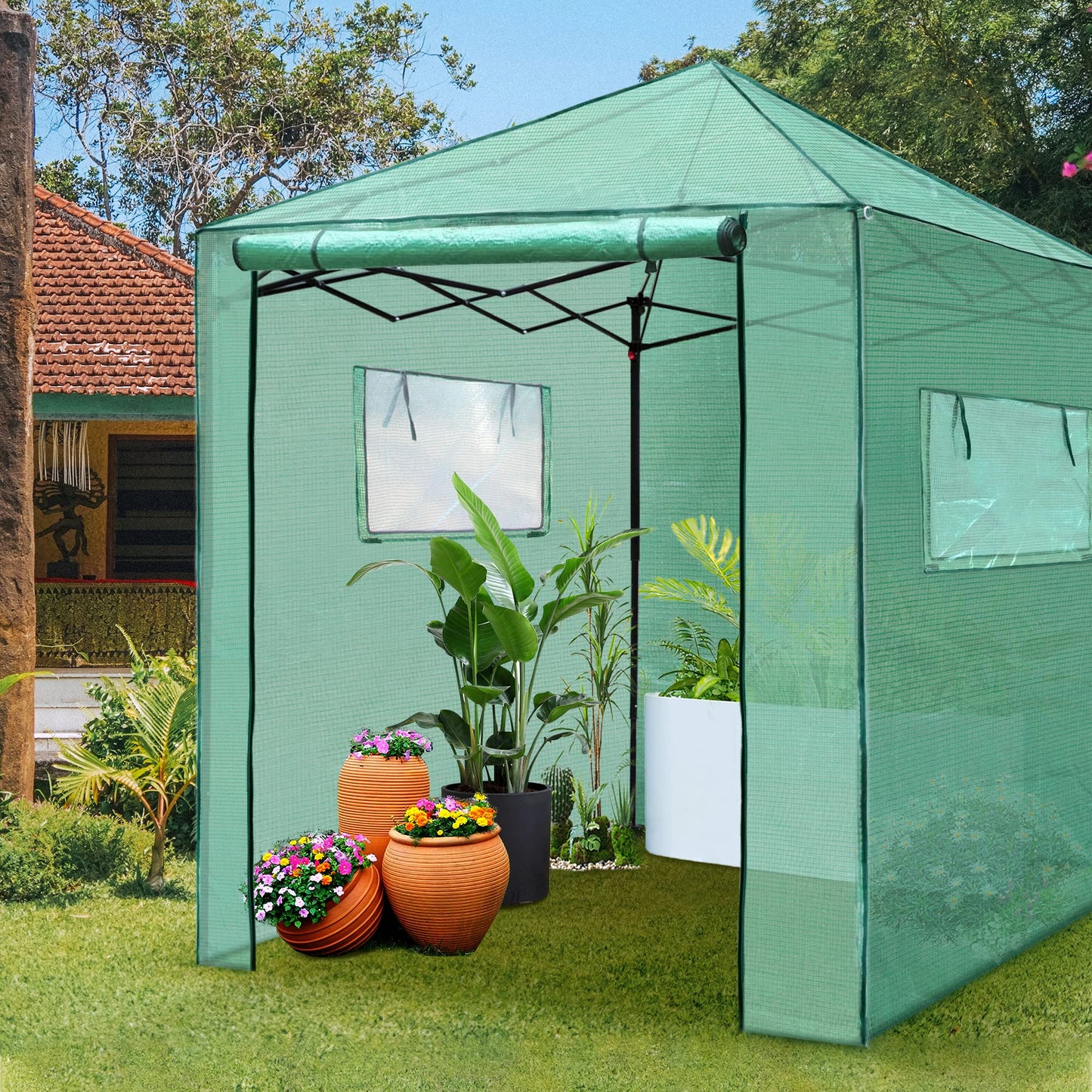 PexFix 8'x 8' Portable Walk-in Greenhouse, Easy Setup, Indoor/Outdoor, 2 Roll-Up Mesh Windows, Roll-Up Zipper Door, Green