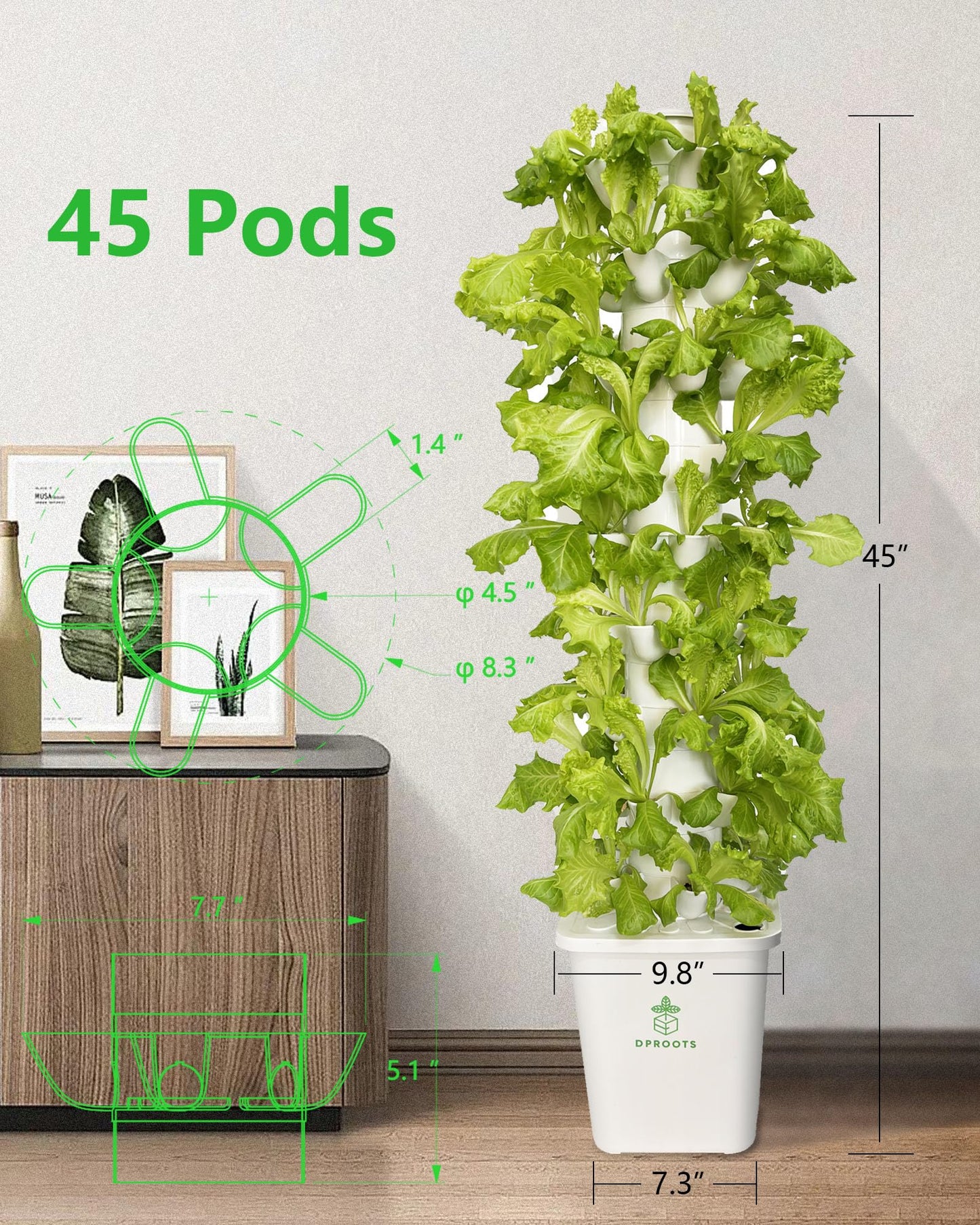 DPROOTS Hydroponic Tower Growing System,45 Pods Vertical Garden,Suitable for Indoor and Greenhouse, Grow Herbs and Vegetables,Houseplant Farming with Water Circulation and Automatic Timer