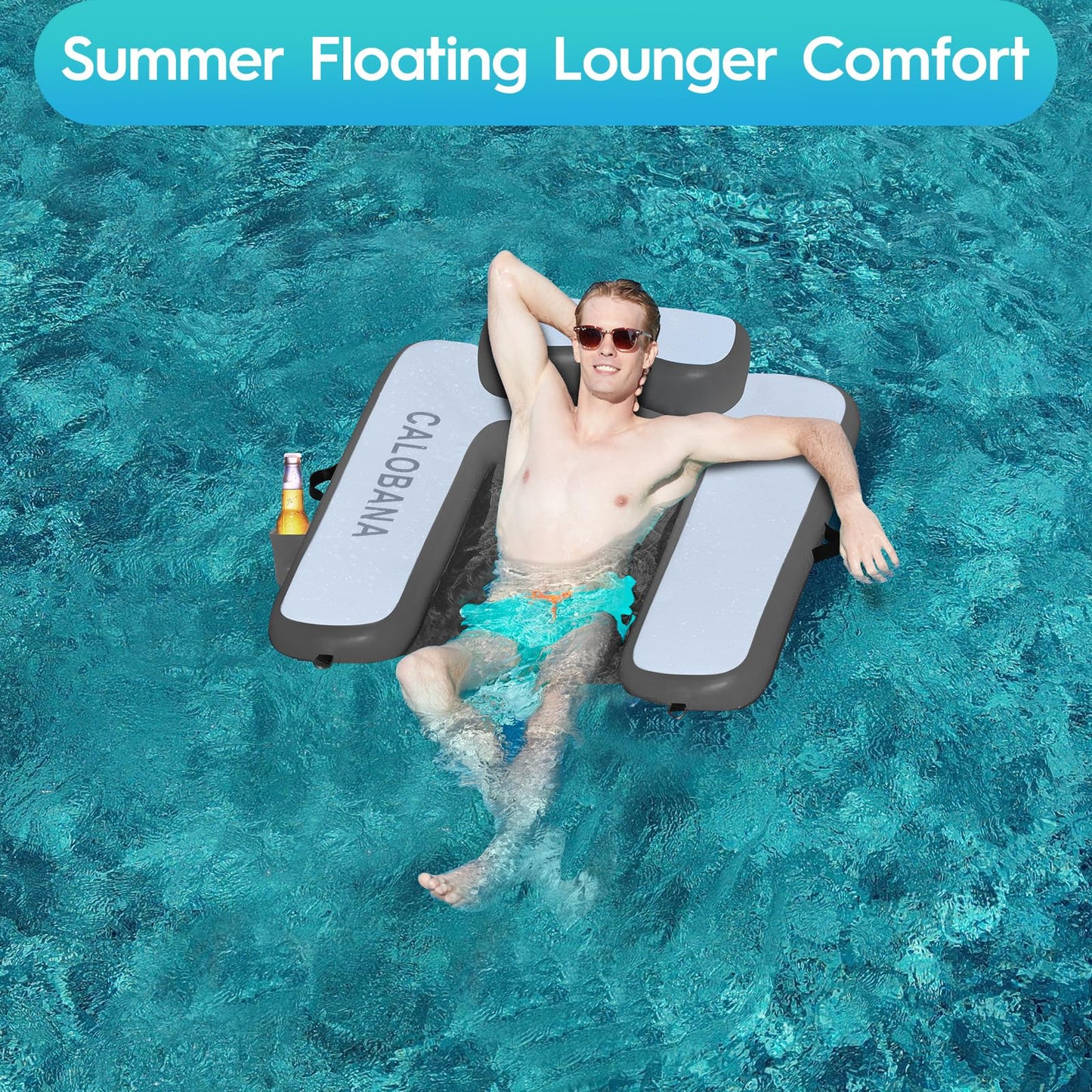 CALOBANA Inflatable Floating Chair, Tanning Pool Lounger Chair Floats for Adult Summer Beach Lake Swimming Pool Party, Grey