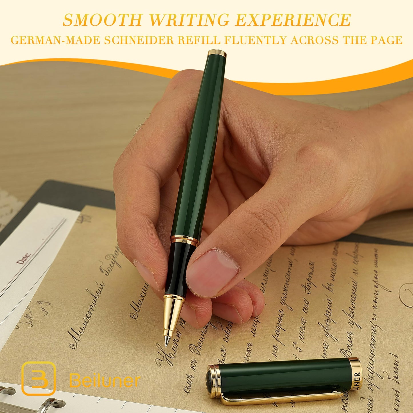 BEILUNER Luxury Rollerball Pen, Stunning Green Lacquer with 24K Gold Trim,Noble and Elegant Designs,Schneider Ink Refill, Best Gift Set for Men & Women, Refillable, Executive Writing, Nice Pens