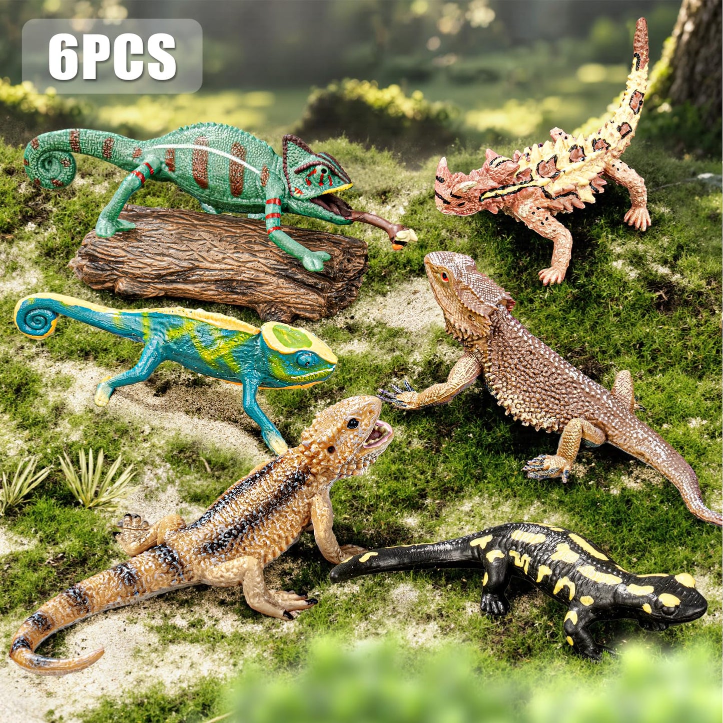 THINKBAY 6PCS Large Lizard Figurines Rainforest Animal Toys, Realistic Plastic Reptile Animal Figurines, Includes Bearded Dragon,Fire Salamander,Chameleons,Coast Horned Lizard Toys, STEM Toy for Kids