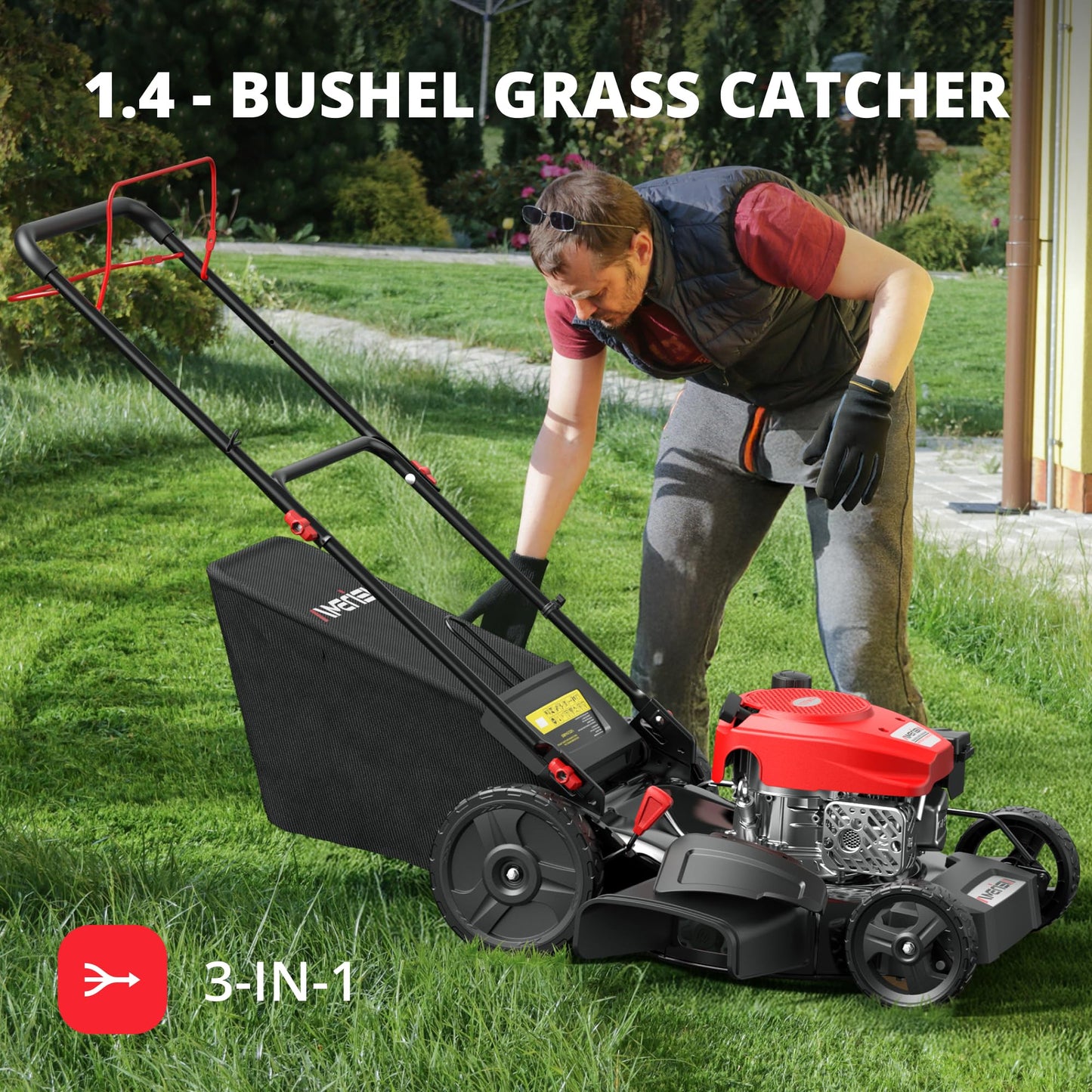 AMRISUN 21-Inch Self-Propelled Gas Lawn Mower for Large Yard, 170cc 4-Stroke Engine, 6-Position Adjustable Cutting Height, 3-in-1 Mulching, Side Discharge & Rear Bag for Garden Landscaping