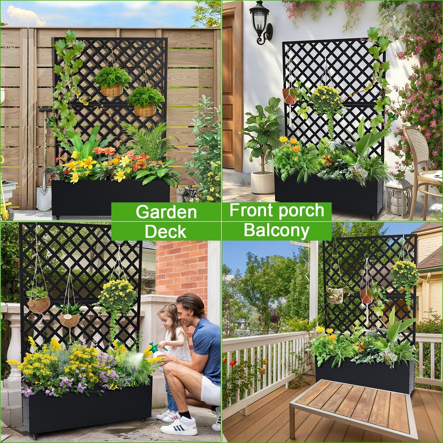 SierraSquad 70.9" x 46.5" x 11.8" Metal Raised Garden Bed with Trellis – Galvanized Planter Box with Drainage Holes & Privacy Screen for Patio, Balcony, Outdoor – Black