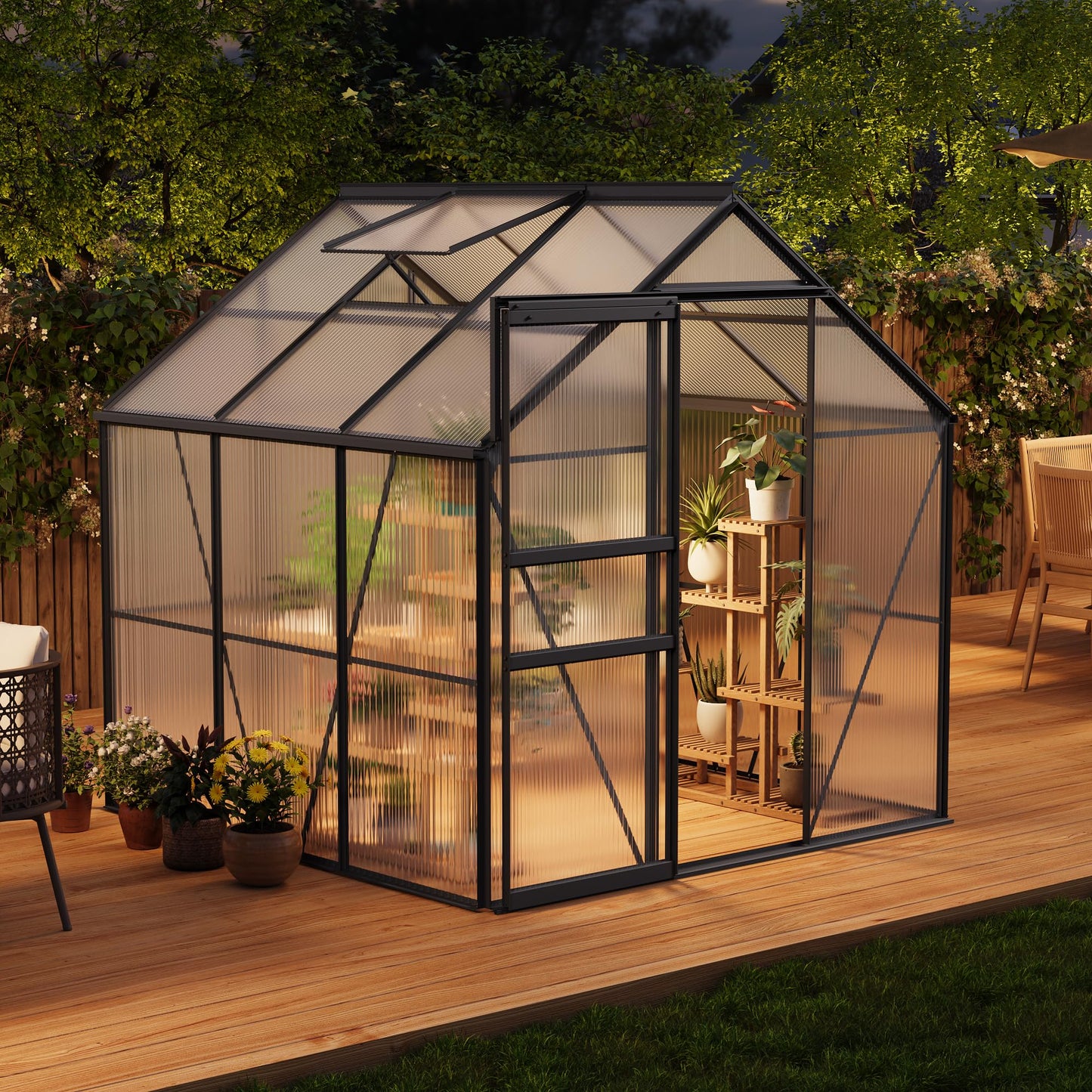 Garvee 6 x 6 FT Outdoor Greenhouse, Polycarbonate Greenhouses with Aluminum Frame, Sliding Door, Adjustable Roof Vent for Backyard, Green Houses for Outside Garden Backyard, Patio, Black