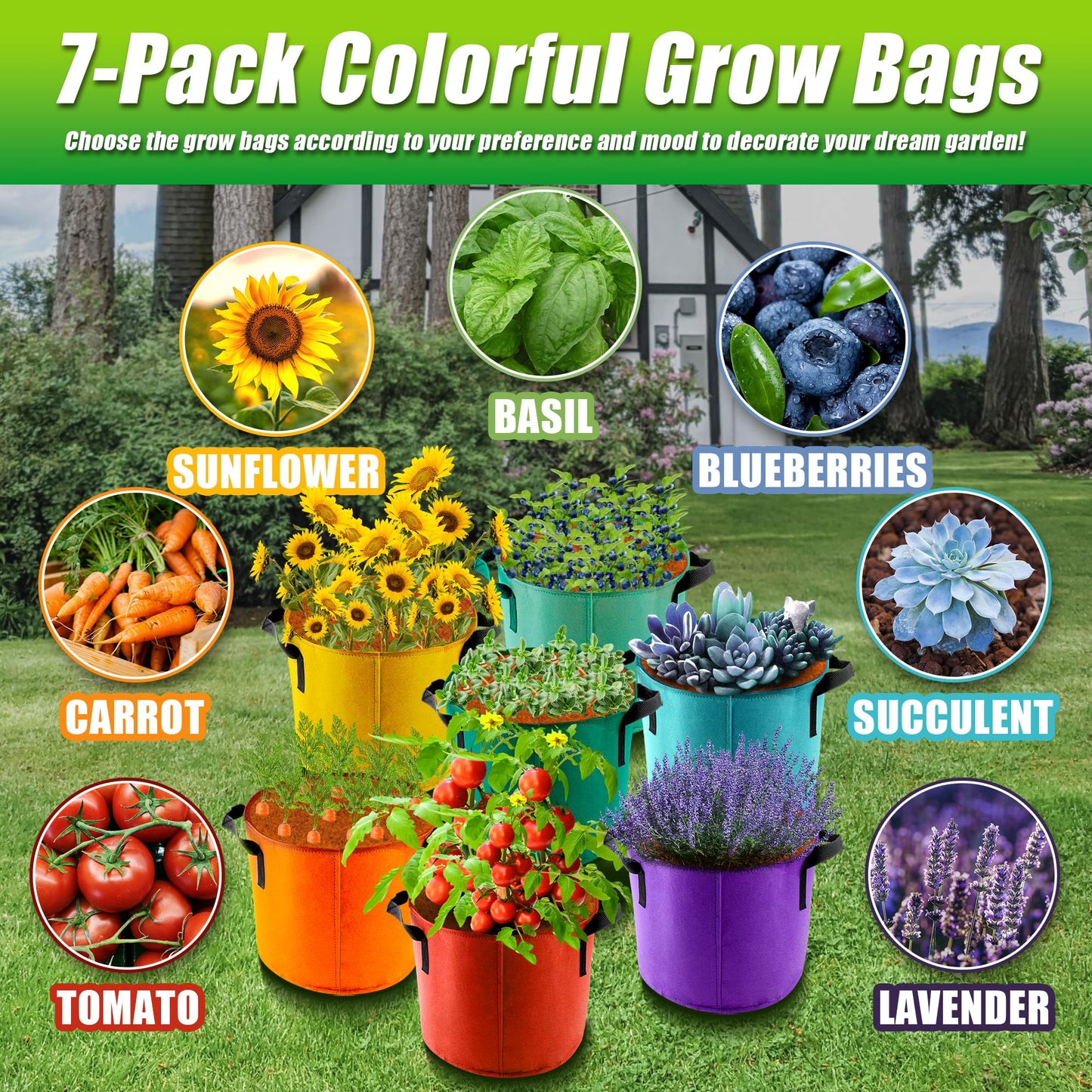 Sinimaka 10 Gallon Grow Bags, 7 Pack Colorful Fabric Plant Pots with Handles for Garden and Outdoor Planting