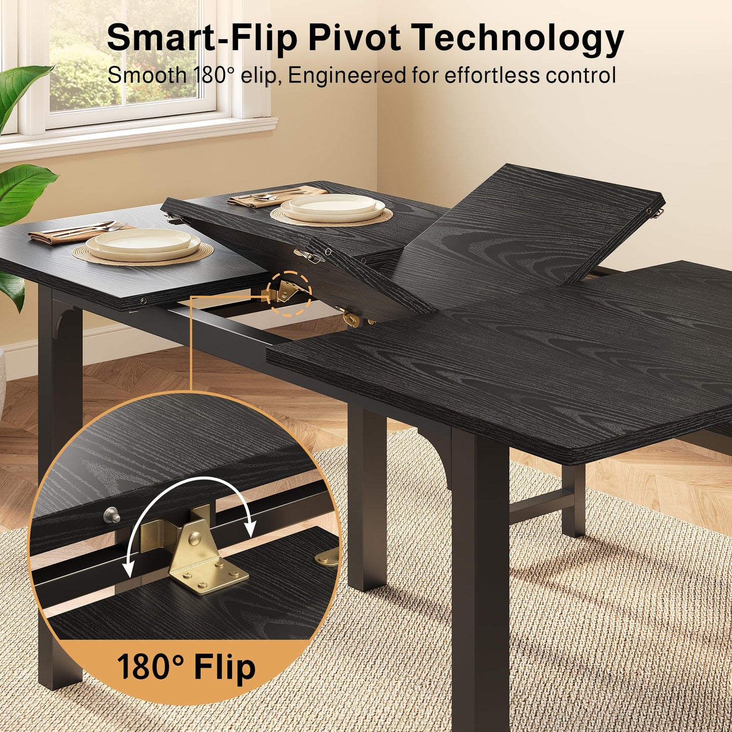 Ahomly 63“ Large Extendable Dining Table Set for 4-6 with 180° Smart-Flip Pivot, Kitchen Table Set with Bench, Dining Room Table with Metal Frame & MDF Board, Perfect for Small Space, Black