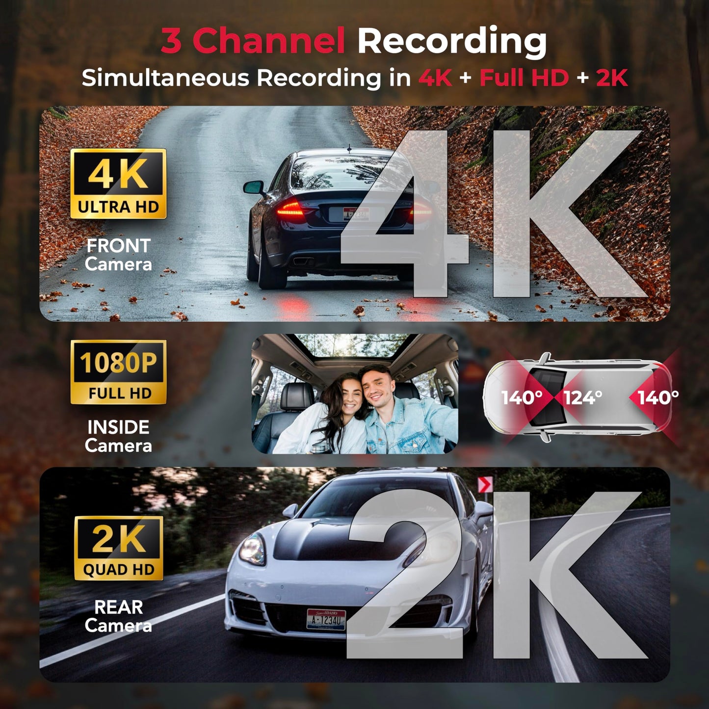 B+L USA 4K Premium 3 Channel Dash Cam with Sony STARVIS IMX Sensors 4K Front + 2K Rear + 1080P FHD Inside Dash Camera for Cars, Night Vision, WiFi, GPS, G-Sensor Safety, Free MicroSD 64GB Card