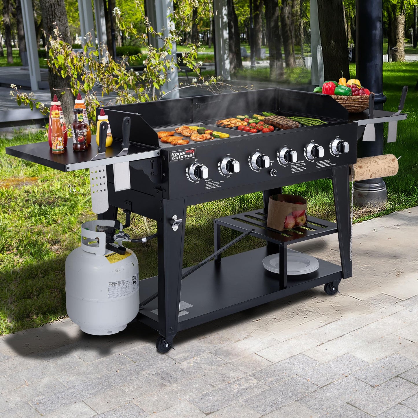 Royal Gourmet GD601B 6-Burner Gas Grill and Griddle Combo, Large Cooking Capacity Propane Grill & Griddle 2-in-1, 78,000 BTU Output for Back Yard, Garden, Family Party, BBQ, Black