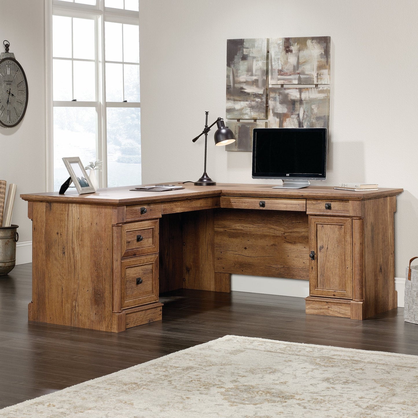 Sauder Palladia L Shaped Desk with Drawers, Office Desk with File Cabinet Storage, Cable Management, Keyboard Tray, in Vintage Oak Finish
