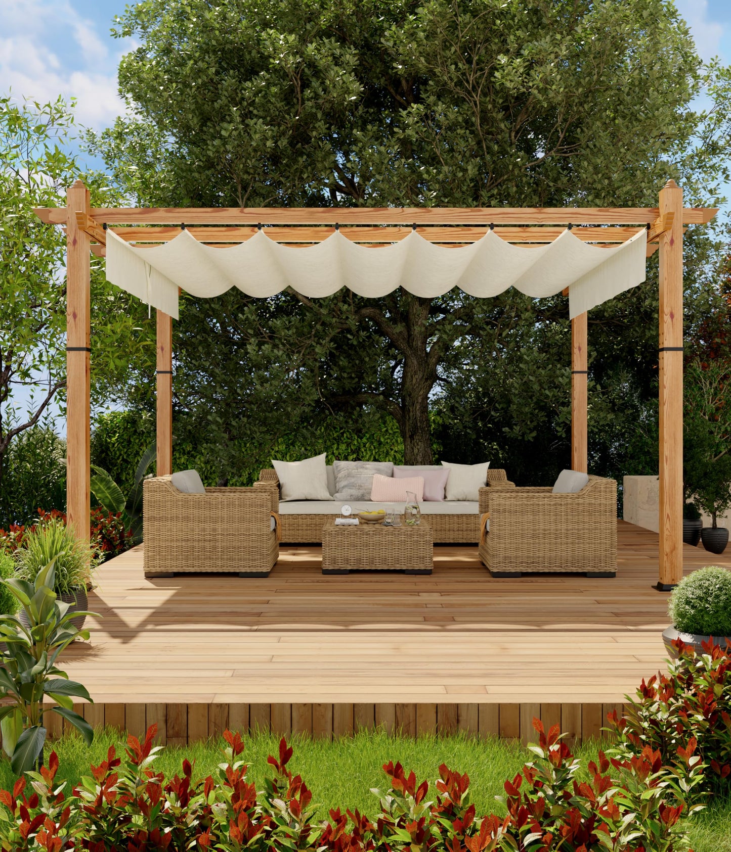 GarveeLife 10 x 13 ft Wood-Grain Aluminum Pergola Outdoor Pergola with Retractable Canopy Sun Shade Shelter for Garden Patio Backyard Deck - Beige