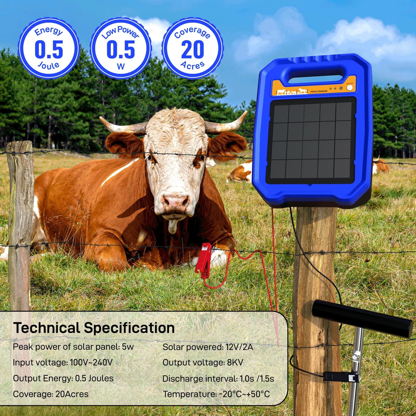 DfuGift Solar Electric Fence Charger - 0.5 Joule Output up to 5 Miles, 8000V Solar Powered Fence Energizer for Livestock, Cattle and Horse, IP55 Weatherproof Controller with Day/Night Mode