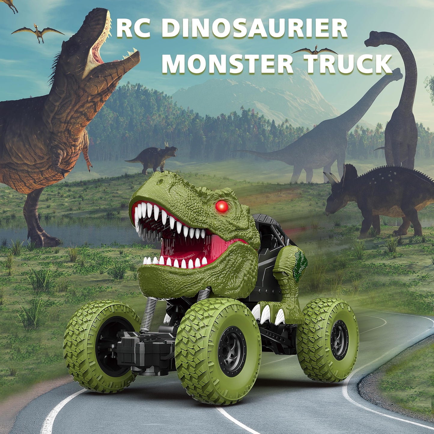 Remote Control Dinosaur Car for Kids Boys, 2.4Ghz All Terrain Remote Control Dinosaur Truck with Light, Rechargeable 4WD Off Road RC Car Toys for Kids 3 4 5 6 7 8-12 Year Old Boys Girls Birthday Gift