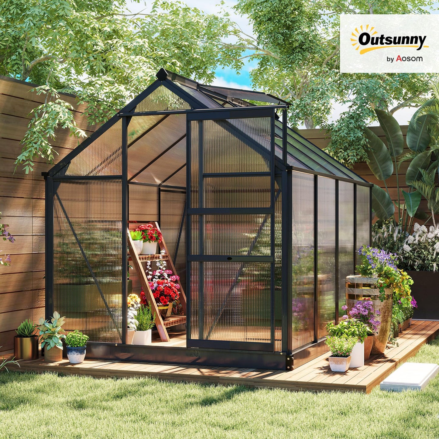 Outsunny 6' x 8' Greenhouse for Outdoors, Polycarbonate Greenhouse with Rain Gutter and Roof Vent, Aluminum Walk-in Green Houses for Outside for Patio Backyard Garden, Gray