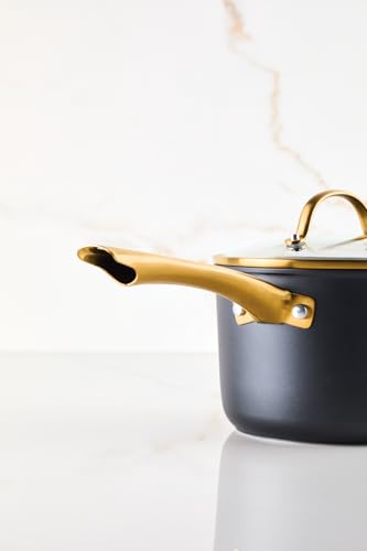 Farberware Forged Induction Ceramic Nonstick Pots and Pans Set with Lids and Kitchen Cooking Tools - Dishwasher Safe, Suitable for All Stovetops, 12 Piece Cookware Set - Black and Gold