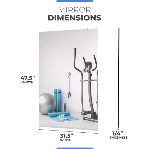 Large Wall Mounted Gym Mirror 48x32 (1 PC) - Shatterproof Tempered Glass Full Body Mirror for Home Gym - Premium HD Reflection - Frameless Design with Hardware