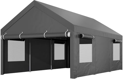 Shintenchi 12x20 FT Heavy-Duty Design Carport,Portable Garage Canopy,Carport Canopy with Side-Opening Removable Door & Roll-Up Window,Portable Car Port for Car, Truck, Boat,Grey