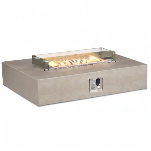 COSIEST Outdoor Propane Fire Pit Table, 56-inch x 28-inch Rectangle Gray Concrete-Like Finish, Certified, 50,000 BTU Stainless Steel Burner w Transparent Gray Fire Glass, Wind Guard, Raincover