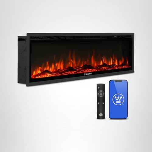 Westinghouse 50 Inch Electric Fireplace Heater, Compatible with Alexa & Google Home, Wall Mount or in-Wall Recessed Fireplace Insert, 24 Hour Timer, Color Changing Flames, 750W/1500W Indoor Heater