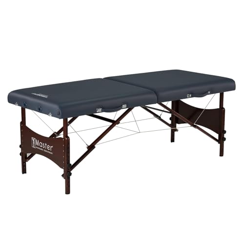 Master Massage Newport Portable Massage Table Package with Denser 2.5" Cushion, Walnut Stained Hardwood, Steel Support Cables, Pillows & Accessories, Royal Blue, 30"