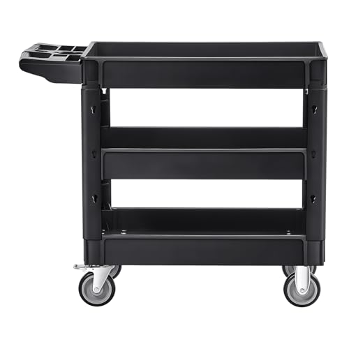 VEVOR Utility Cart, 3-Tier Plastic Service Cart with 550LBS Capacity, 360° Swivel Casters (Including 2 Locking Wheels), Medium Lipped Shelves, Ergonomic Handle, for Garage, Warehouse, Cleaning Tasks