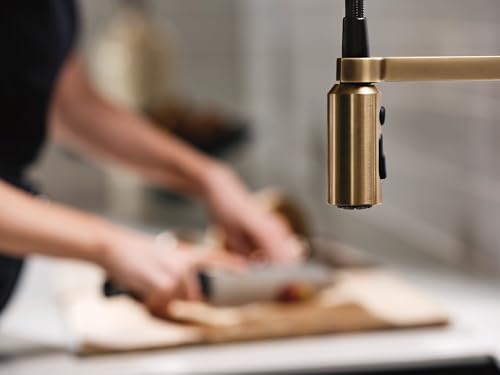 Moen Inara Bronzed Gold Spring Pulldown Kitchen Faucet with Pre-Rinse and Power Boost, Modern Kitchen Faucet, One-Handle Easy Installation, 87863BZG