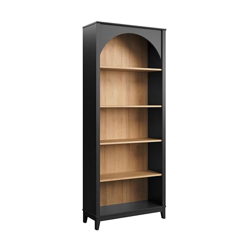 Prepac Ark 78" Tall 5-Tier Arched Bookcase, Black Oak with Oak Finish Interior, Modern Storage Accent Bookshelf with 3 Adjustable Shelves for Home, Office, Living Room, Bedroom