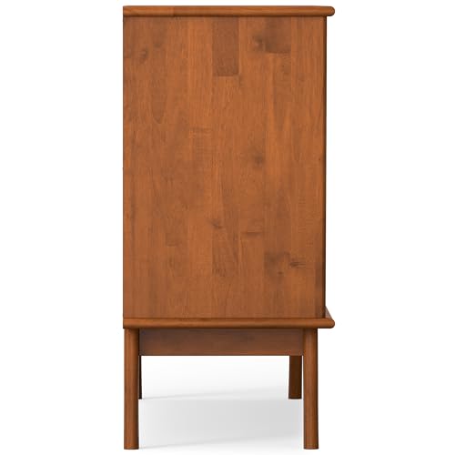 SIMPLIHOME Draper Buffet - 50 inch Wide Solid Hardwood 3-Door Sideboard Buffet in Teak Brown, Mid-Century Modern Cabinet for Dining Room or Kitchen with Adjustable Shelves and Tapered Legs