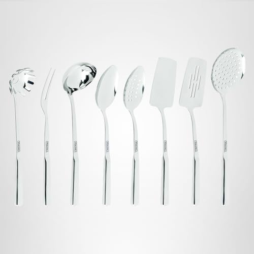 Viking Kitchen Utensils Set, 8 Piece Stainless Steel Cooking Utensil Set, Includes Spatulas, Spoons, Pasta Fork, Deep Ladle, Meat Fork, and Skimmer, Silver