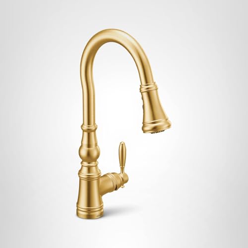 Moen Weymouth Brushed Gold Traditional Shepherd's Hook Pulldown Kitchen Faucet Featuring Pull Down Spray Head with Power Boost, S73004BG
