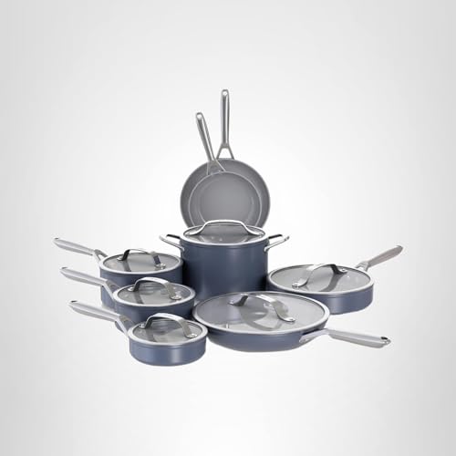 Ninja Ceramic Pro 14-Piece Cookware Set, Non-Stick Pots & Pans Set with Glass Lids, Nontoxic, PTFE Free, Ceramic Coated, Oven Safe, All Stovetops & Induction Compatible, Midnight Blue, CW39014MM