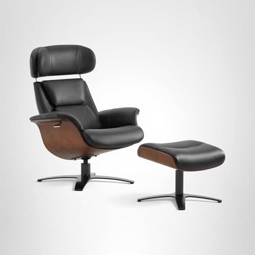 CHITA Genuine Leather Reclining Swivel Chair with Adjustable Headrest and Ottoman for Living Room, Black