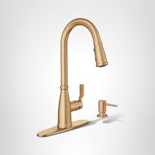 Moen Nolia Brushed Gold Kitchen Faucet with Soap Dispenser, Pull Down Sprayer with Power Boost, Transitional High Arc Kitchen Faucet, One-Handle Easy Installation, 87071BZG