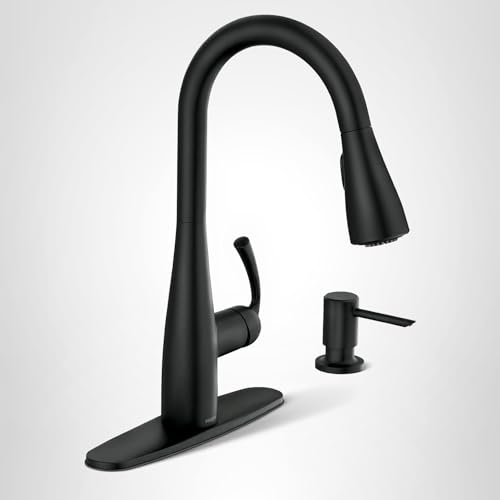 Moen Essie Matte Black Single Handle Pull-Down Sprayer Kitchen Faucet with Soap Dispenser, Reflex and Power Clean Technology, 87014BL