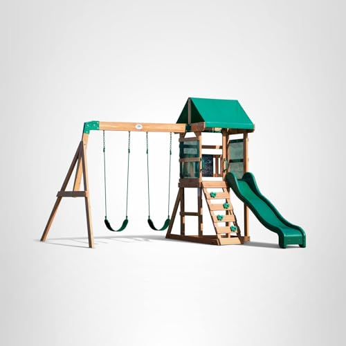 Backyard Discovery Buckley Hill Cedar Wood Swing Set with Wave Slide, Play Deck, Rock Wall Ladder, Belt Swings, Chalkboard, Canopy Roof, Outdoor Playset