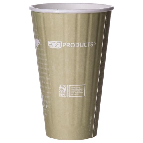 ECO PRODUCTS Compostable Disposable Insulated World Art 16oz Large Coffee Cups, Case of 600, Renewable Double-wall Hot Paper Cup, Plant Based PLA Lining, No Sleeves Needed, Color Coded