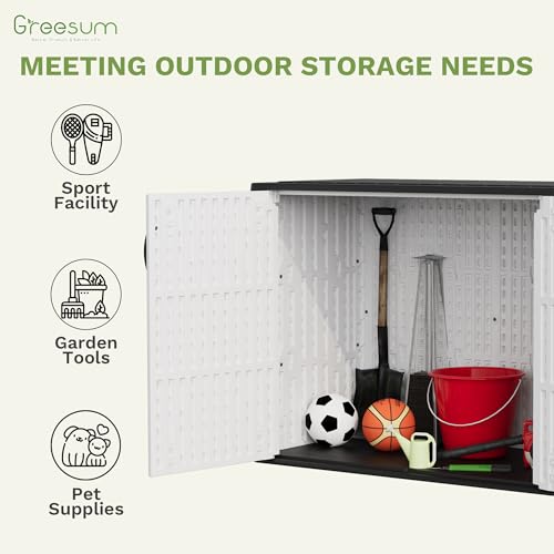 Greesum Outdoor Storage Cabinet, 25 CUFT Deck Box Without Shelves, Waterproof Plastic Storage Shed for Patio Cushions, Gardening Tools, Lockable and Sidehandles, UV Resistant, White