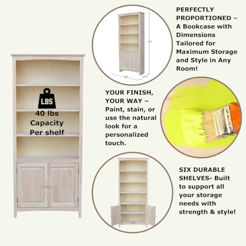 Solid Wood Shaker Bookcase - 72"H , Unfinished
