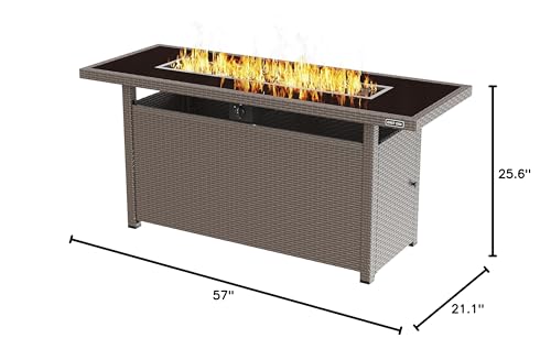 EAST OAK 57" Gas Fire Pit Table, 60,000 BTU Propane Fire Pit w/Large Tempered Glass Desktop, CSA Certified Outdoor Patio Fire Table with 9.2lb Glass Stone & Removable Lid, Chocolaty Coffee