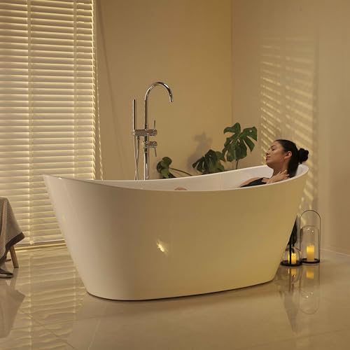 67" Luxury Freestanding Bathtub - Deep Soak Acrylic Tub for Master Bathroom, Modern Standalone Shower Tub with Overflow Drain, Non-Slip Flat Bottom Design, Spa Experience at Home,cUPC Certified
