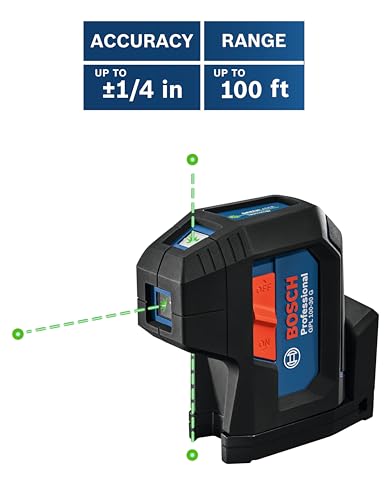 BOSCH GPL100-30G Green-Beam Self-Leveling Alignment Laser, Includes 2 AA Batteries, Built-In Multipurpose Mount, & Hard Carrying Case