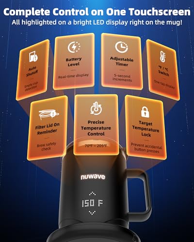 Nuwave Smart Heated Coffee Mug Rechargeable, 16oz Self Heating Temperature Control Mug with LED Display, Custom Brew Modes, Double-Wall Vacuum Insulation, 5-Hour Battery Life, Auto Shut-Off