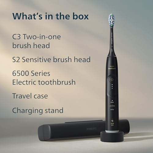 Philips Sonicare 6500 Series Electric Toothbrush - Next-Generation Sonicare Technology, Pressure Sensor, 9 Brushing Settings, SmarTimer, BrushPacer, 21-Day Runtime, Travel Case, Black, HX7411/08