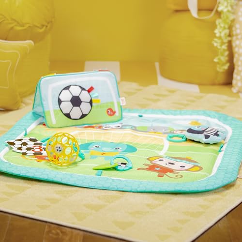 Bright Starts Grip & Kick Oball Activity Gym, Soccer Theme with Easy-Grasp Baby Toys, Baby Play Gym, Kick Pad with Activated Lights & Tummy Time Pillow, Unisex, Newborn+