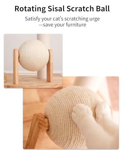 PETTIFUL Wood Cat Tree for Large Cats, Modern Cat Tree Tower with Wide Shelves Cotton Scratching Posts, Super Sturdy Base, Cozy Perches, and Interactive Toys for Indoor Kittens