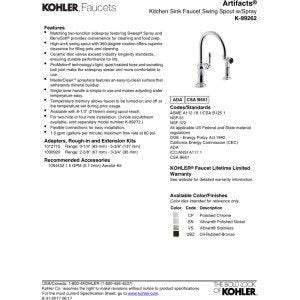 KOHLER K-99262-CP Artifacts 2-Hole Kitchen Sink Faucet and 14-11/16-Inch Swing Spout, Polished Chrome