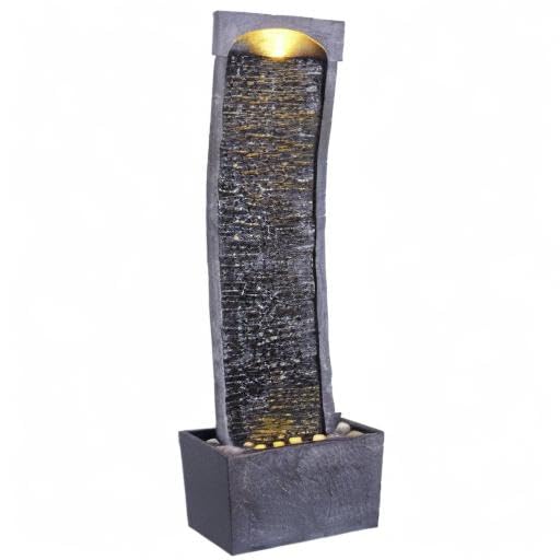 Teamson Home 38.58 in. Modern Curved Faux Slate Waterfall Fountain for Indoors or Outdoors with LED Light Accents and 1.98-Gallon Pump, Black and Stone Gray