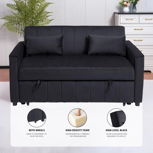 Trygoal 3 in 1 Convertible Sofa Bed, Pull Out Couch with Side Pockets, Velvet Fabric Loveseat Sleeper Sofa Bed, Pull Out Couch with Adjustable Backrest for Living Room, Bedroom, Apartment, Black